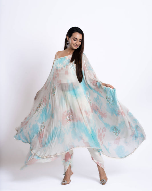 EMBELLISHED OFF -SHOULDER CO-ORD SET WITH KAFTAN SLEEVES KURTA AND DHOTI PANT