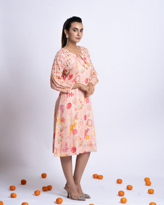 EMBROIDEDRED LINEN DRESS WITH BALLOON SLEEVES