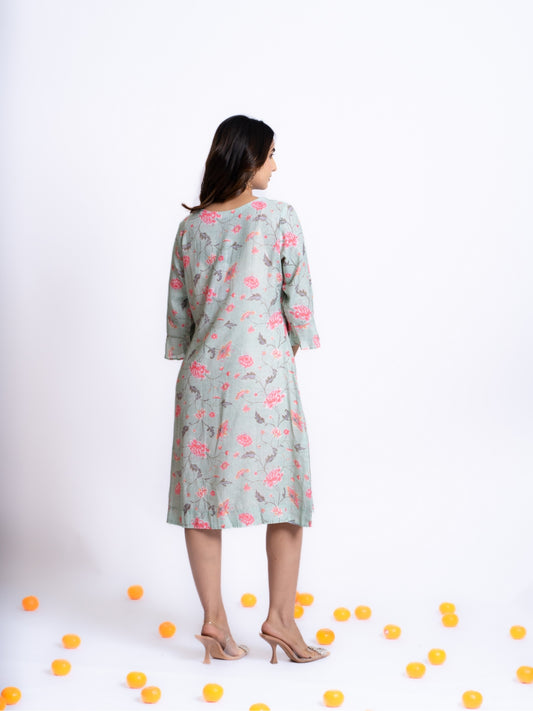 LINEN FLORAL PRINTED DRESS