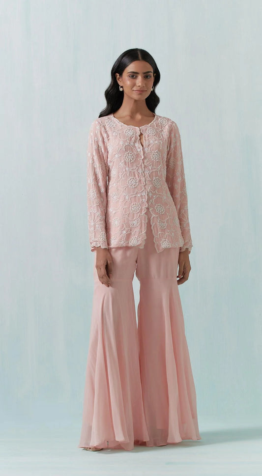 HAND EMBROIDERED PEACH JACKET KURTA WITH PANTS