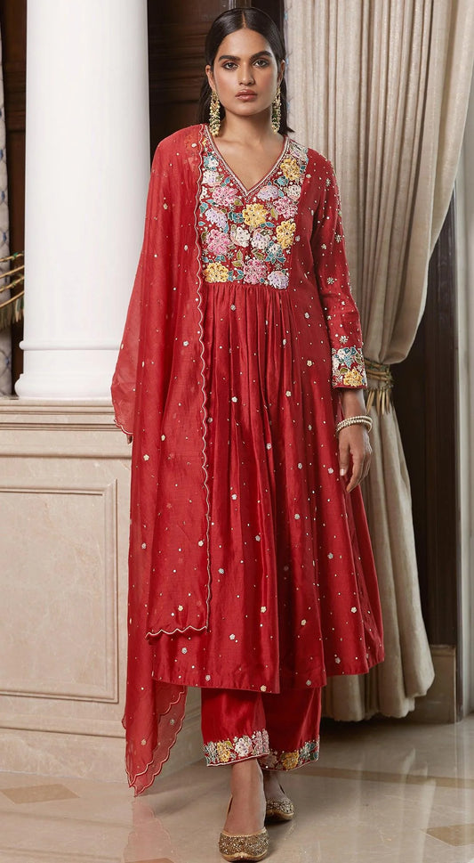 RED CHANDERI SUIT SET