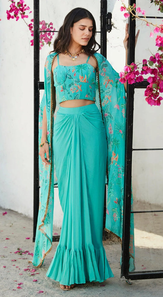 CO-ORD SET WITH CAPE AND DRAPE SKIRT