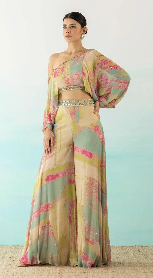 MULTICOLOR ONE SHOULDER CROP TOP AND PALAZZO SET