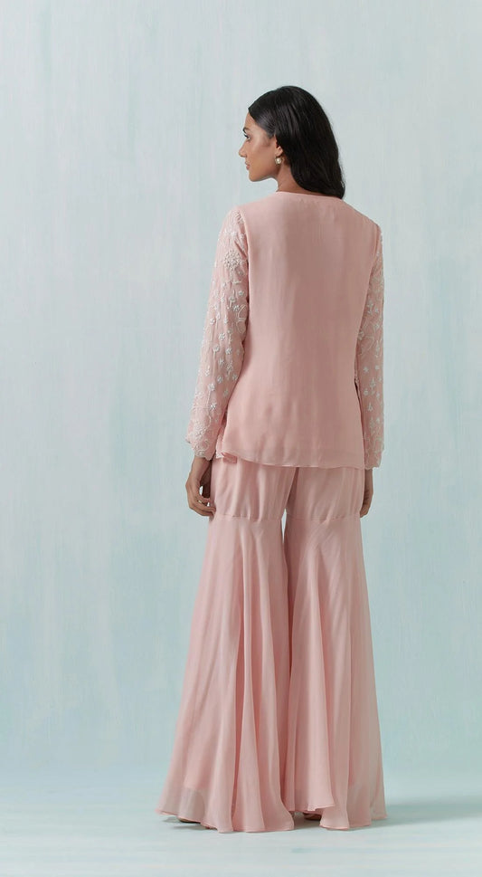 HAND EMBROIDERED PEACH JACKET KURTA WITH PANTS
