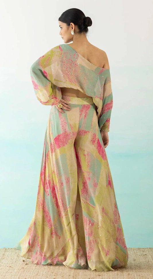 MULTICOLOR ONE SHOULDER CROP TOP AND PALAZZO SET