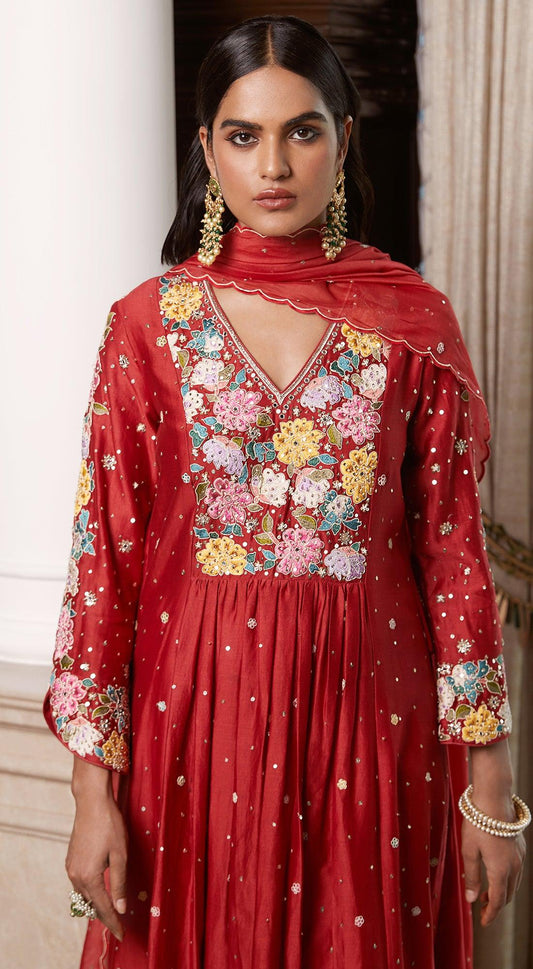 RED CHANDERI SUIT SET