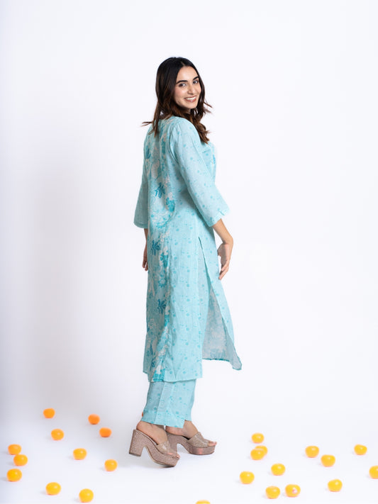 SKY BLUE  LONG KURTA CO-ORDINATE SET